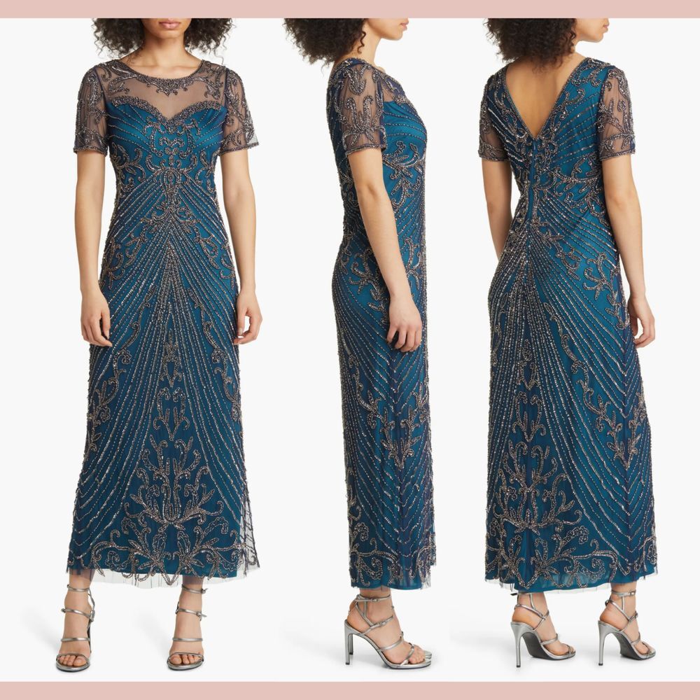 NEW $268 Pisarro Nights‎ [ 14 ] Illusion Beaded Mesh Column Gown in Cobalt Blue
